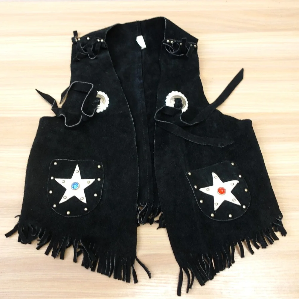 Vintage Cowboy‎ Vest Chaps Set Boys M Black Suede Studded Fringe Halloween USA